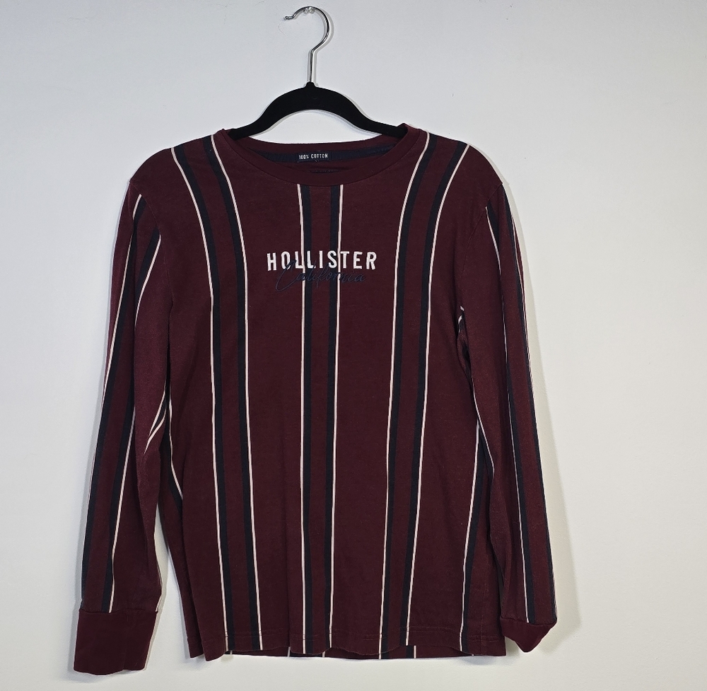Hollister Men's Burgundy Striped Long Sleeve Tee